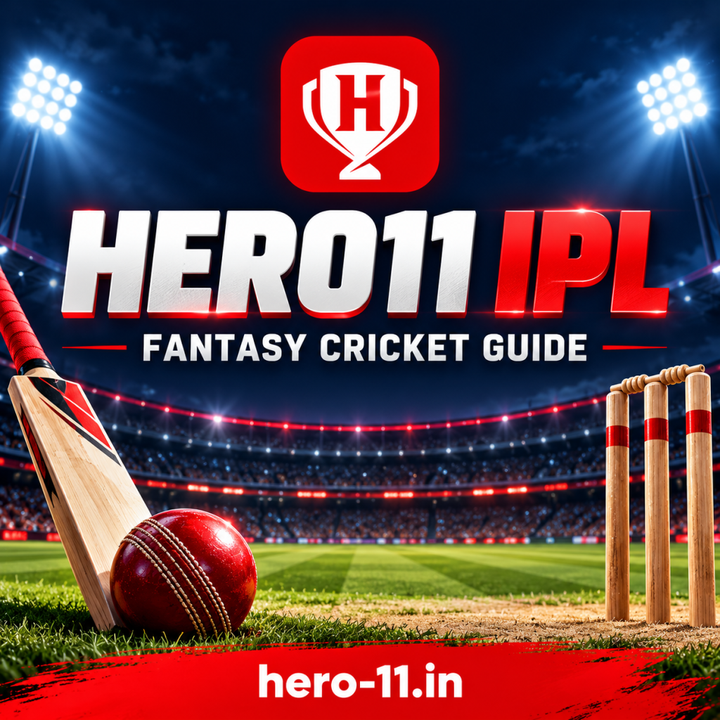 Hero11 IPL fantasy cricket guide with logo, cricket bat, ball and stadium.